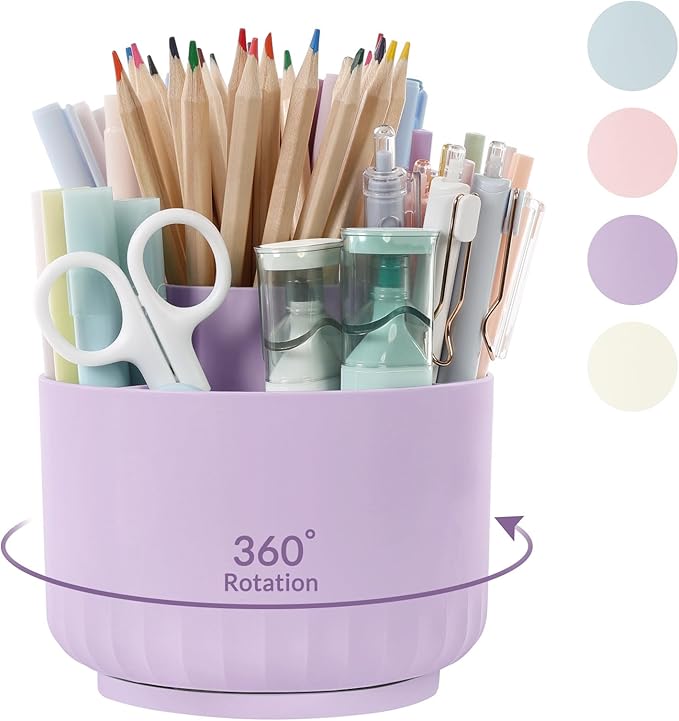 SKYDUE 360 Degree Rotating Desk Organizer, Dual-Purpose Pencil Pen Holder for Desktop, Rotating Desk Pen Organizer with 5 Slots Purple by SKYDUE