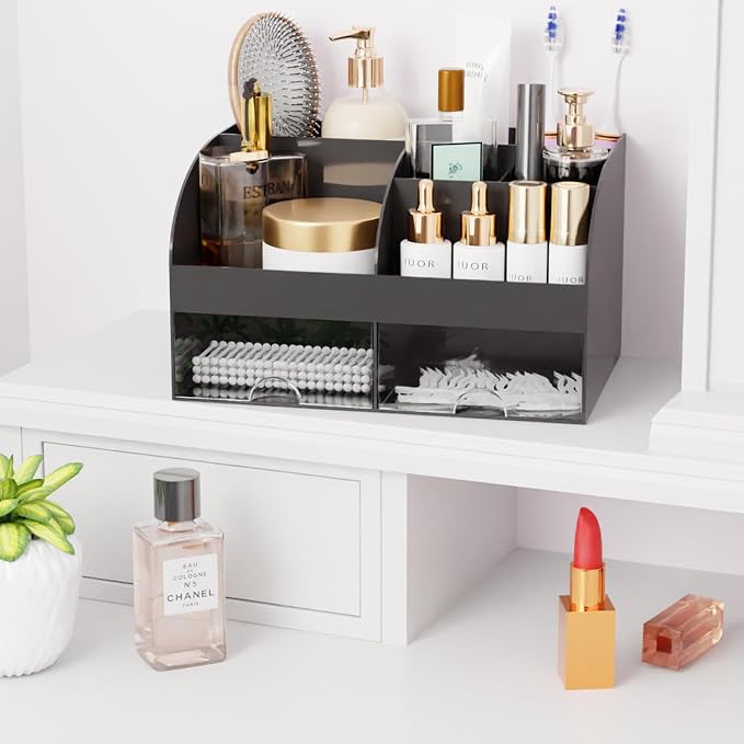 Makeup Organizer with Drawers, Cosmetic Storage for Dresser Vanity and Bathroom Countertop, Beauty Holder for Lipstick Brush, Skincare Organizer for Vanity, Cosmetic Display Case (Black-2Pack) - Image 5
