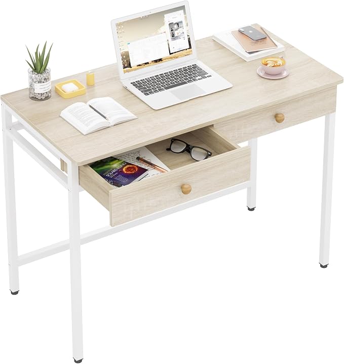 Weehom Computer Desk with Drawers, Home Office Workstation, Beige | Sturdy and spacious workstation for writing, studying and gaming, Suitable for PC and laptop use by WeeHom