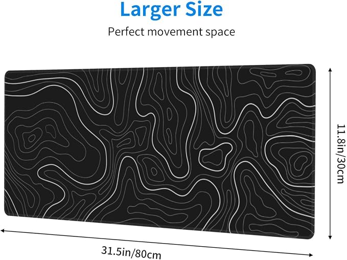 Abstract Topographic Map Black Mouse Pad Big Gaming Mouse Pad XXL Mousepad Large Keyboard Mat with Non-Slip Rubber Base Stitched Edges Mouse Mat Desk Pad for Gaming and Office - Image 2