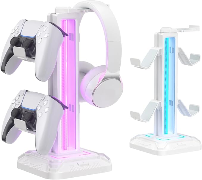 KDD RGB Headset Stand with 9 Light Modes - Controller Holder for Desk - Rotatable Headphone Stand & Detachable Controller Hook for PC Earphone Accessories(White) by KDD