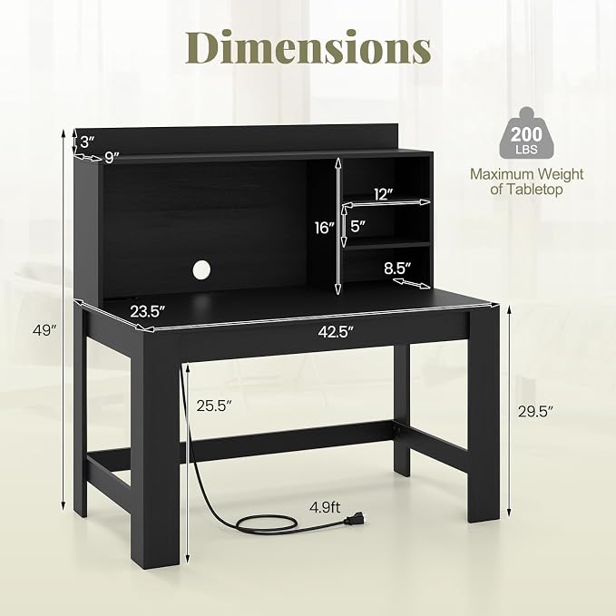 Giantex Computer Desk with Hutch, Modern Home Office Desk with Power Outlets, Storage Shelves & Cable Hole, Makeup Vanity Table, Study Writing Desk for Bedroom Office Small Space (Black) - Image 3