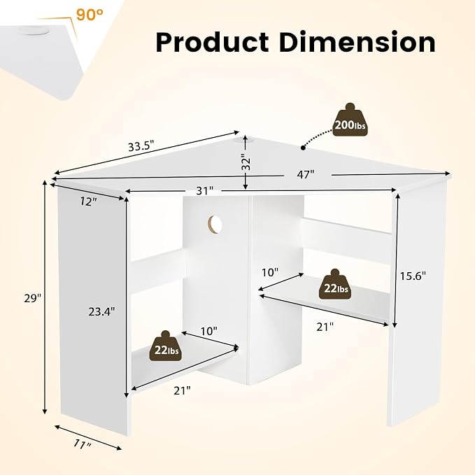 GOFLAME Corner Desk with Storage Shelves, Triangular Computer Desk with Cable Management Holes, Laptop Workstation for Small Space, Makeup Vanity Desk for Living Room, Study, White - Image 3