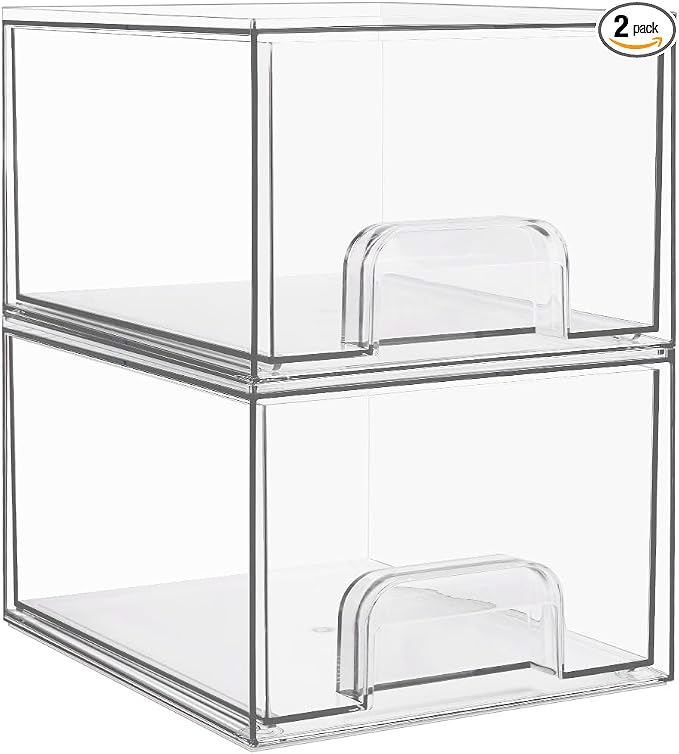 Vtopmart 2 Pack Small Clear Stackable Storage Drawers,Acrylic Bathroom Makeup Organizer,Plastic Storage Bins for Vanity, Undersink, Kitchen Cabinets, Pantry, Home Organization by Vtopmart
