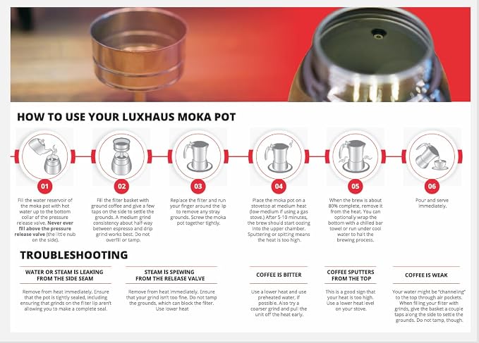 LuxHaus 3 Cup Moka Pot (2oz each cup - 6oz total) Stovetop Espresso Maker - Stainless Steel Italian and Cuban Mocha Coffee Maker - Image 6