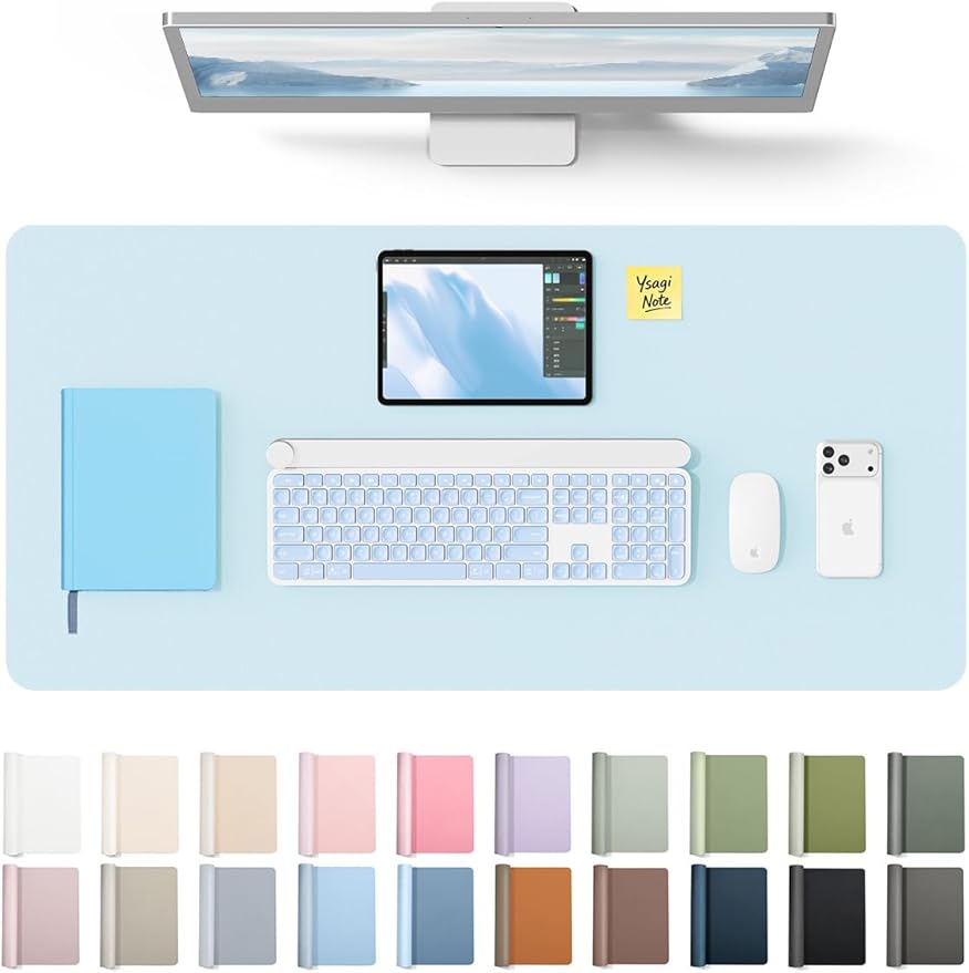 YSAGi Leather Desk Protector, Office Mat, Large Mouse Mat, Non-Slip PU Leather Blotter, Laptop Desk Pad, Waterproof Writing Pad for Office and Home (Baby Blue, 31.5" x 15.8") by YSAGi