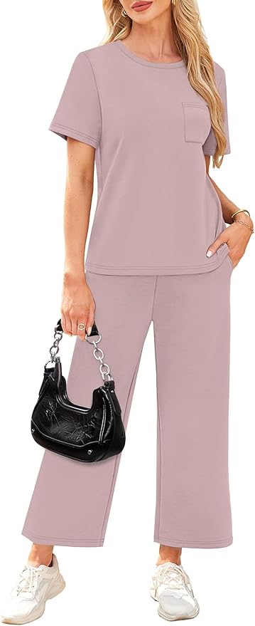 WIHOLL 2 Piece Sets for Women Casual Summer Travel Vacation Outfits Short Sleeve Wide Leg Crop Pants Lounge Sets - Image 4