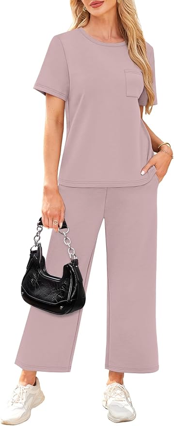 WIHOLL 2 Piece Sets for Women Casual Summer Travel Vacation Outfits Short Sleeve Wide Leg Crop Pants Lounge Sets - Image 4