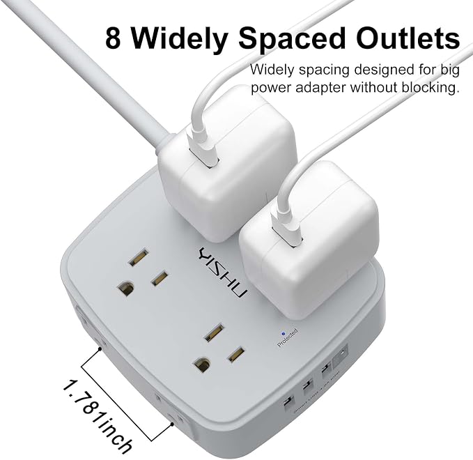 6 Ft Surge Protector Power Strip - 8 Widely Outlets with 4 USB Ports, 3 Side Outlet Extender with 6 Feet Extension Cord, Flat Plug, Wall Mount, Desk USB Charging Station, ETL, Grey - Image 4