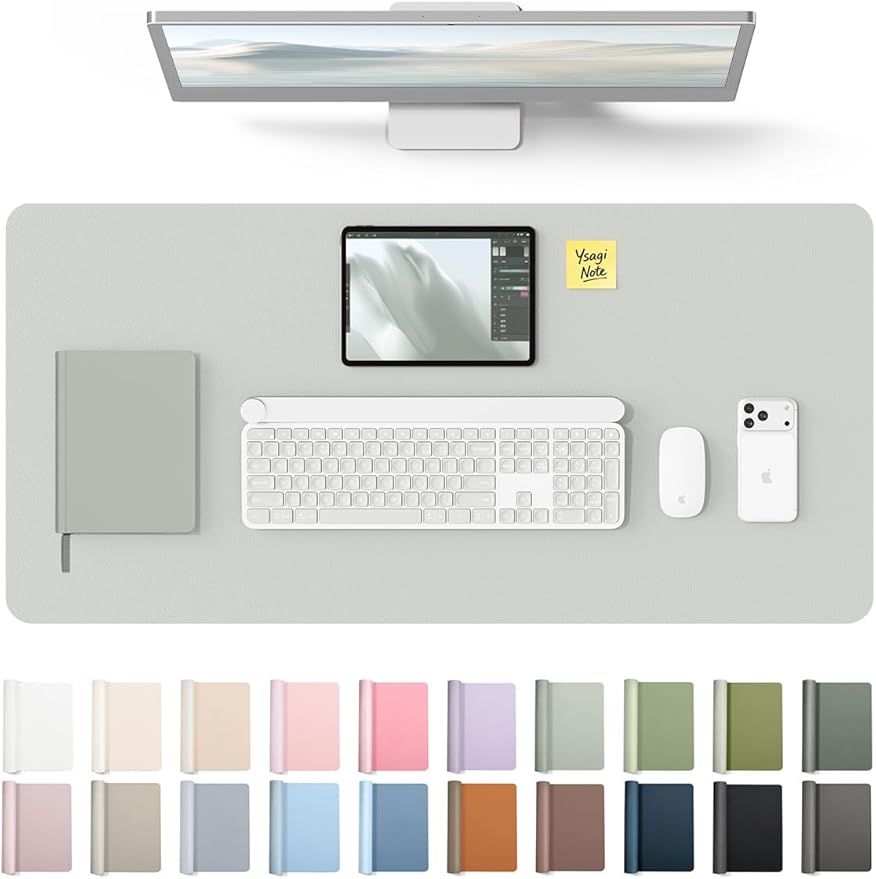 YSAGi Leather Desk Protector, Office Mat, Large Mouse Mat, Non-Slip PU Leather Blotter, Laptop Desk Mat, Waterproof Writing Pad for Office and Home (Light Grey, 35.4" x 17") by YSAGi