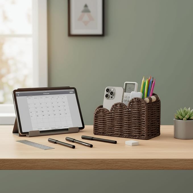 CubesLand Bedside Table Desk Organizer Caddy, Remote Pen&Pencil Holder Cup | Makeup Brush Holder w/Scalloped Perfect for Home, Office Desk, Living Room Table Decor, 3 Slots Brown - Image 7