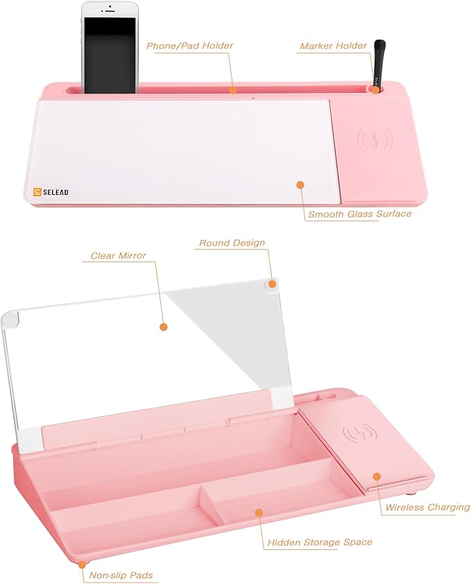 SELEAD Desktop Glass Whiteboard with Wireless Charger Station and Mirror, Dry Erase Board Computer Pad Keyboard Stand with Organizer for Home, School, Office Desk Accessories, Pink - Image 6