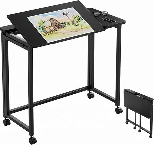 GreenForest Portable Folding Desk with Wheels, 31.5 inch Adjustable Tilt | Drafting Table Workstation for Small Spaces, Home Office, Drawing & Craft Projects，Black by GreenForest