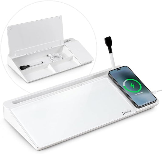 Varhomax Glass Desk Whiteboard with Wireless Charger, Desktop Dry Erase White Board with Storage, to Do List Memo Notepad for Home and Office by Varhomax
