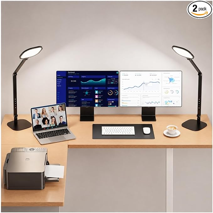 LitONES LED Desk Lamp for Home Office, Soft Edge-lit Design - Modern Style | Eye-Caring Diffused Light, Professional Computer Light for Reading, Crafts & Zoom, Dimmable with 30 Modes, Memory & Timer by LitONES
