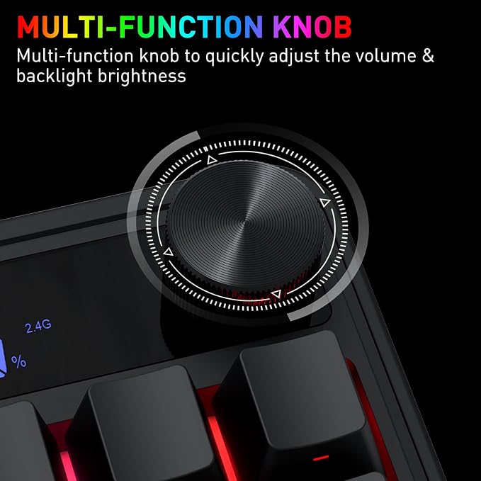 Redragon K526 PRO Wireless RGB Membrane Gaming Keyboard, LED Screen & Knob | See Battery, Mode & Time at a Glance, 0-Delay Tri-Mode, One-Touch Backlit & Media Adjust, 26-Key Anti-Ghost for Combo-Strike - Image 4
