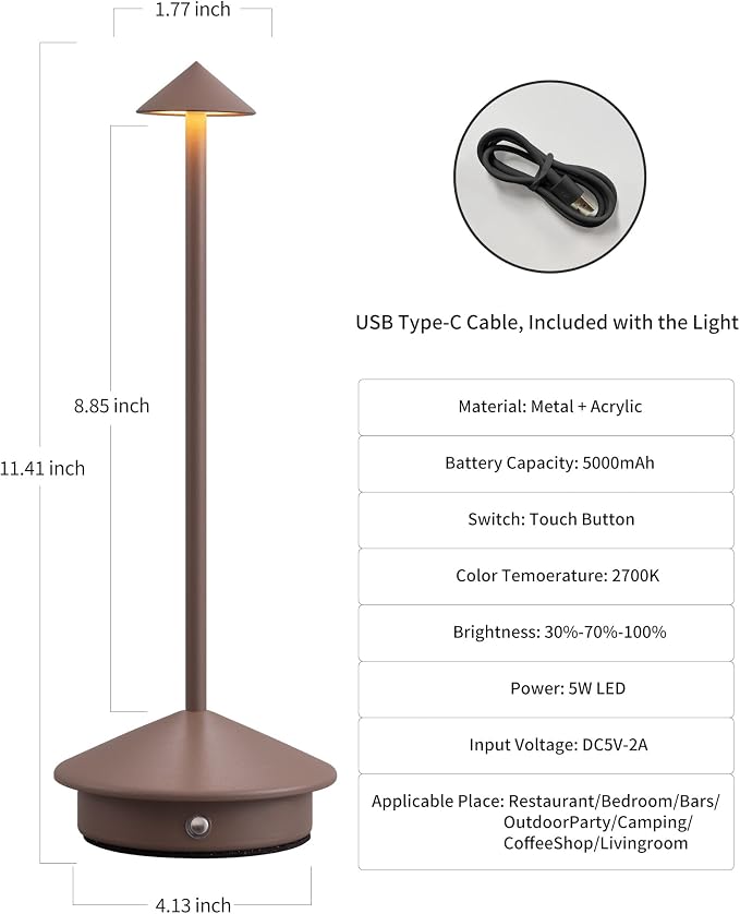 Modern Cordless Table Lamp Set of 2, Brown Portable LED Desk Lamps | 5000mAh, Rechargeable, Battery Operated Lighting for Bedroom, Dining Room, Restaurant, Coffee Shop, Camping, Night Light - Image 5