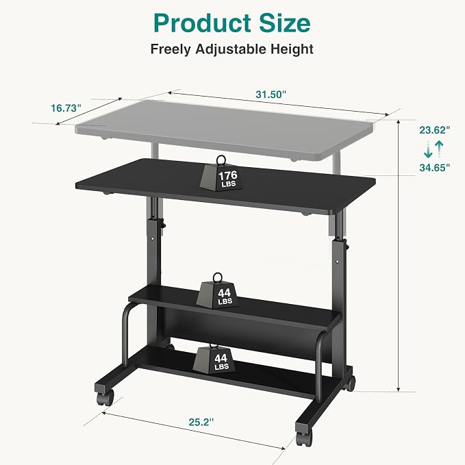 OLIXIS Rolling Desk, Storage Shelves, Laptop Table, Home Office | Height Adjustable Design, Computer Desks on Wheels, Portable for Small Spaces Use, Black - Image 3