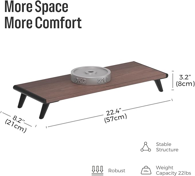 loukin Monitor Stand Riser for Desk, 22.4" x 8.3" Larger Computer Stand for Laptop, PC, Printer, Sturdy Desktop Computer Shelf with Non-Skid Rubber, Home Office (Brown) - Image 2