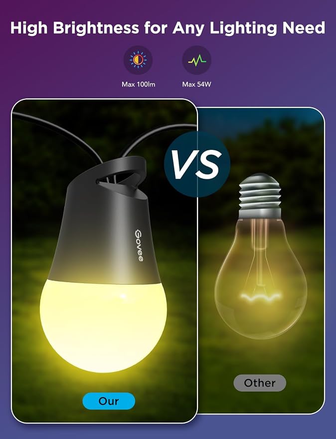 Govee Smart Outdoor String Lights 2, 144ft RGBIC Patio Lights with 45 Bulbs | Dimmable Warm White LED Bulbs, IP65 Waterproof, 47 Scene Modes for Backyard, Balcony, Work with Alexa, App Control - Image 7