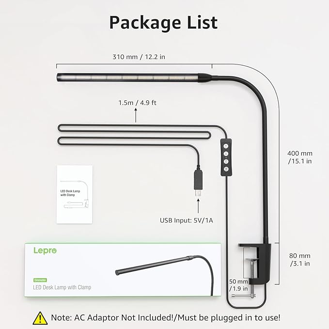 Lepro Clip on Desk Lamp, LED Reading Light with Clamp, 460LM 5W, Black | 3 Color Modes 10 Brightness, Dimmable, USB Small Desk Light with Gooseneck Swing Arm for Nail, Home Office and Dorm - Image 6