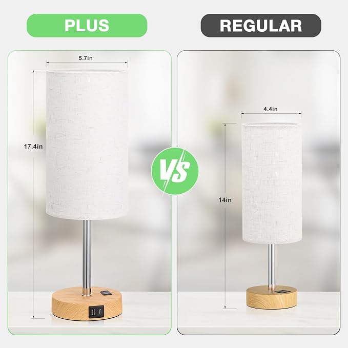 Dicoool 17.4" Bedside Lamp for Bedroom - Dimmable Touch, USB A+C, AC Outlet | LED Bulb Included, 3-Way Dimmable, 17.4" Table Lamp for Guest Room, Living Room, Fabric Lampshade, Wood-Grain Metal Base - Image 2