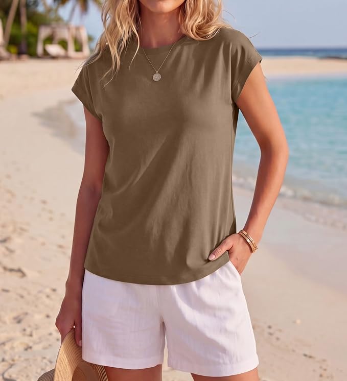 GRECERELLE Womens Summer Tops Cap Sleeve Crew Neck Basic T-Shirt | Everyday Casual Wear, Layering Friendly, Wrinkle-Resistant, Business Casual Ready, Lightweight & Packable, Capsule Wardrobe - Image 3