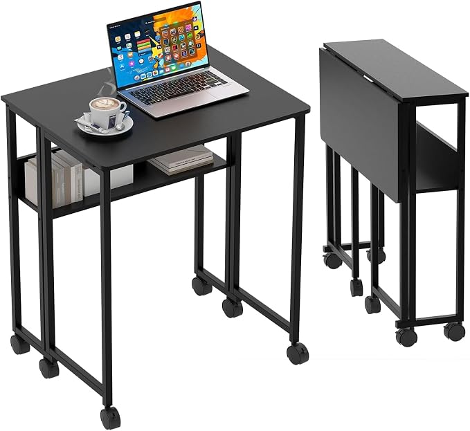 Folding Desk Small Rolling Desk with Storage Shelf,24.8 Inch Foldable Computer Table with Wheels,Portable Office Desk for Small Space Sofa Table,Easy to Fold,Writing Work Office Computer Desk,Black by GarveeHome