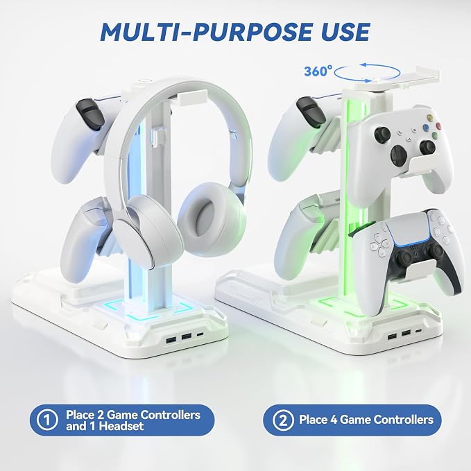 KDD RGB Headphone & Controller Stand with Wireless Charging - Rotatable Headset Stand with 9 Light Modes - Controller Holder with 2 USB and Type C Ports - for Gamers Desktop Accessories(White) - Image 6