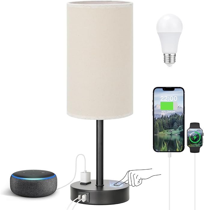 Fenmzee Touch Table Lamp - Beige, 3-Way Dimmable, USB A + C Charging, AC Outlet, 17.4inch Medium, Black Metal Base by Fenmzeelighting