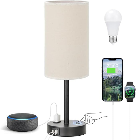 Fenmzee Touch Table Lamp - Beige, 3-Way Dimmable, USB A + C Charging, AC Outlet, 17.4inch Medium, Black Metal Base by Fenmzeelighting