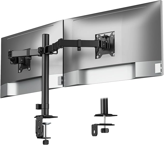 monTEK Heavy-Duty Dual Monitor Stand for 17-32", 22 lbs Each | Adjustable dual monitor mount, full-motion arms, clamp/grommet bases, cable management and VESA 75/100 by monTEK