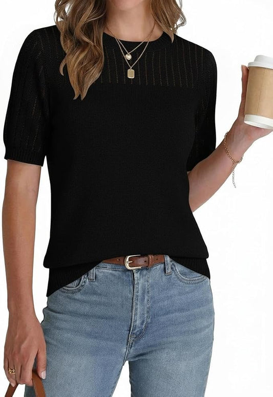 Zeagoo Women's Short Sleeve Sweater Tops 2026 Spring Summer Crew Neck Hollow Out Blouses Dressy Business Casual Outfits by Zeagoo