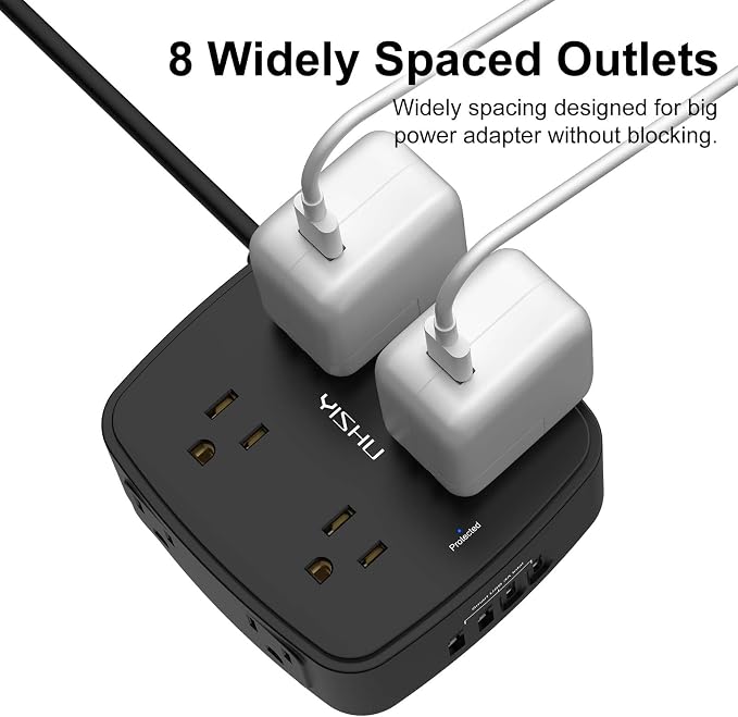 6 Ft Surge Protector Power Strip - 8 Widely Outlets with 4 USB Ports, 3 Side Outlet Extender with 6 Feet Extension Cord, Flat Plug, Wall Mount, Desk USB Charging Station, ETL,Black - Image 4