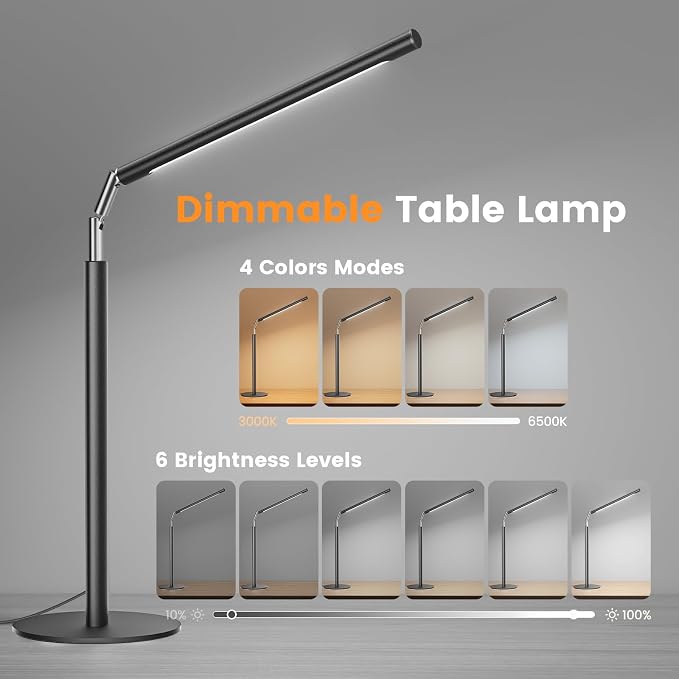 SIBRILLE Metal LED Desk Lamp, 16" Dimmable Desk Light with Base, 15W 1200LM, Adapter Included, Color & Brightness Adjustable, Modern Tall Table Lamp for Home Office Reading Study Task Laptop, Black - Image 2