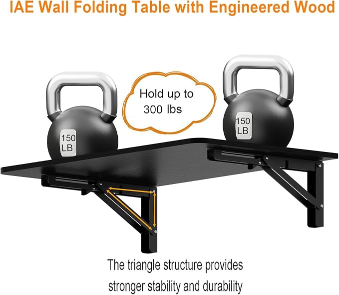 IAE 36x22in Floating Fold Desk,Wall-Mounted Folding Computer Table,Black | Study Table with Shelf Brackets,Foldable Down Shelf with Engineered Wood,Fold Computer Desk for Small Apartment,Holds 501 lb - Image 3