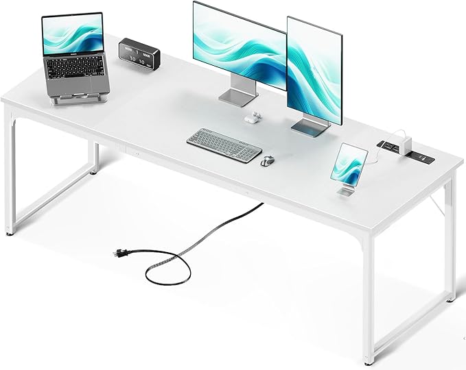 Coleshome 71 Inch Computer Desk with USB Ports, Large Office Desk, Long Study Student Writing Desk, White | Extra-long workspace • Fits dual monitors • Stable steel frame • Spacious legroom • Home office & gaming by Coleshome