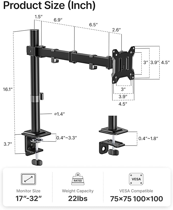 monTEK Extra-Long Monitor Arm for 17-32" Screens, 22 lbs | Articulating desk mount, extended reach, height adjustment, tilt, swivel, clamp/grommet bases and VESA 75/100 - Image 5