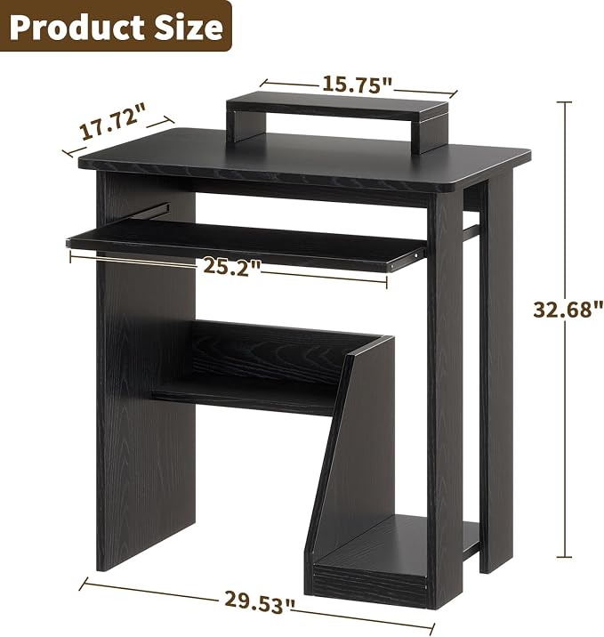 ALISENED 30 Inch Computer Desk, with Keyboard Tray & Monitor Stand | Compact Desk for Space-Saving, Ergonomic Study Desk with Storage Shelves for Writing, Gaming, Working, Black - Image 3