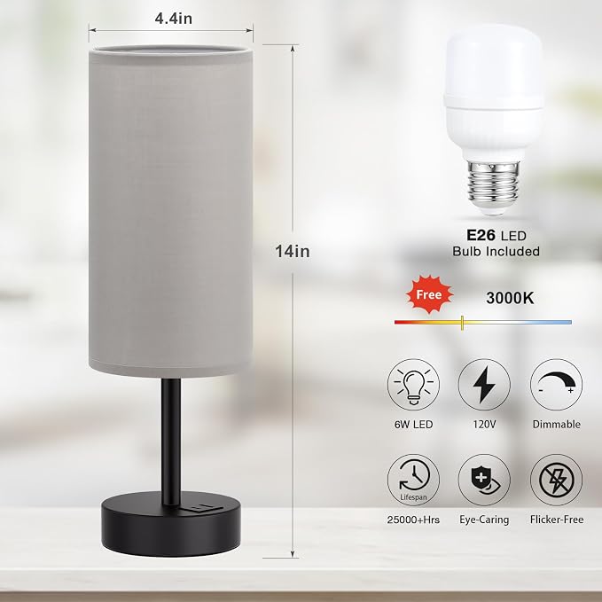 Dicoool Bedside Table Lamp for Bedroom - 3-Way Dimmable Touch Lamp, USB A+C | LED Bulb Included, 14" Small Nightstand Lamp for Desk, Living Room, Guest Room, Grey Fabric Lampshade, Black Metal Base - Image 5
