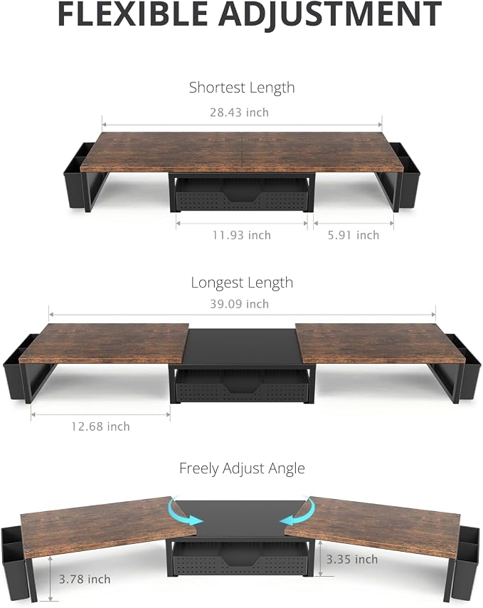 OPNICE Desk Organizers and Accessories, Dual Monitor Stand Riser with Drawer and 2 Pen Holders, Desk Shelf Wood Computer Racks for Office Workspace Organizers, Desktop Organization (Rustic Brown) - Image 7