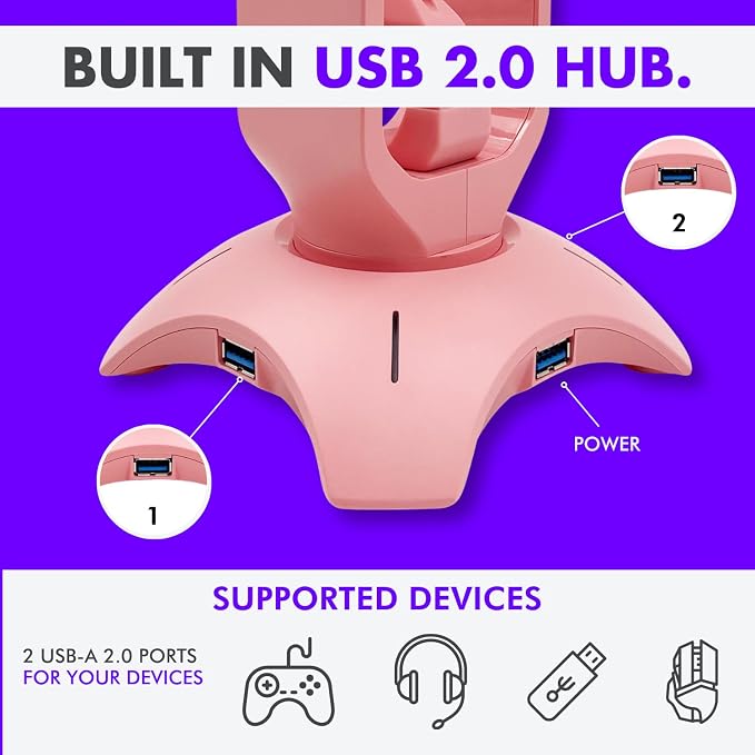 Tilted Nation Cute Headphone Stand Pink | Headset Stand with RGB, Mouse Bungee Holder, and 2 Port USB Hub Charger - Desk Gaming Accessories - Image 3