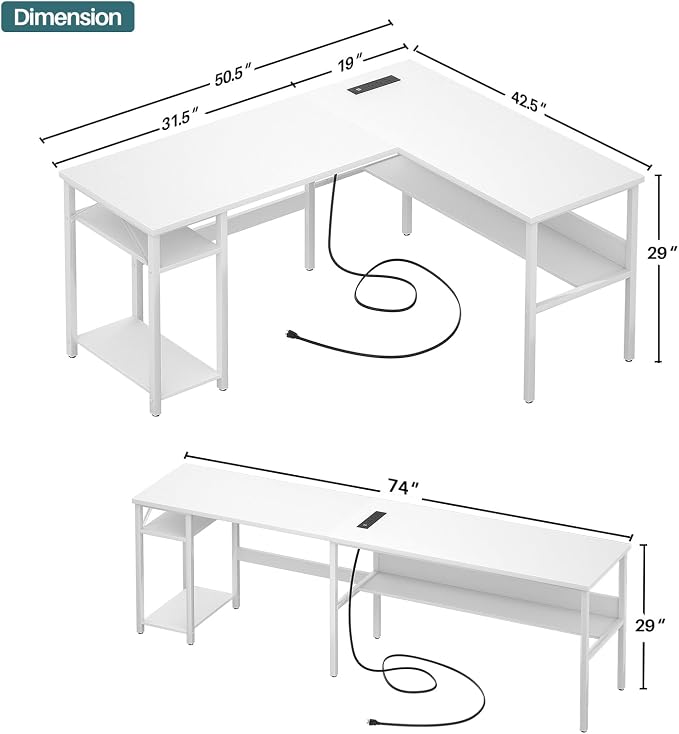 Unikito Reversible L Shaped Computer Desk with Magic Power Outlets and USB Charging Ports, Sturdy Corner Desk with Storage Shelves, Durable Work Desk for Home Office, Easy to Assemble, White - Image 3