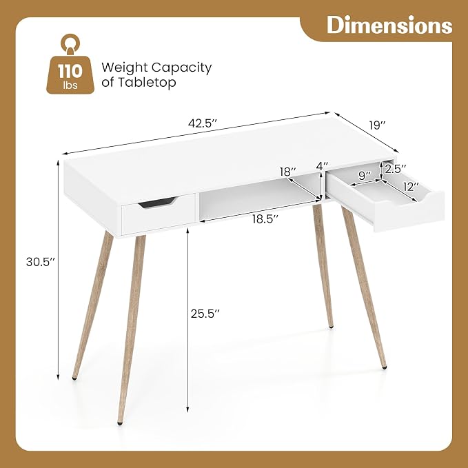 Giantex White Computer Desk with Drawers, 42.5" Minimalist Mid Century Modern Vanity Writing Desk with Open Storage Cubby & Metal Leg, Compact Wooden Study Table for Small Spaces Home Office (White) - Image 3