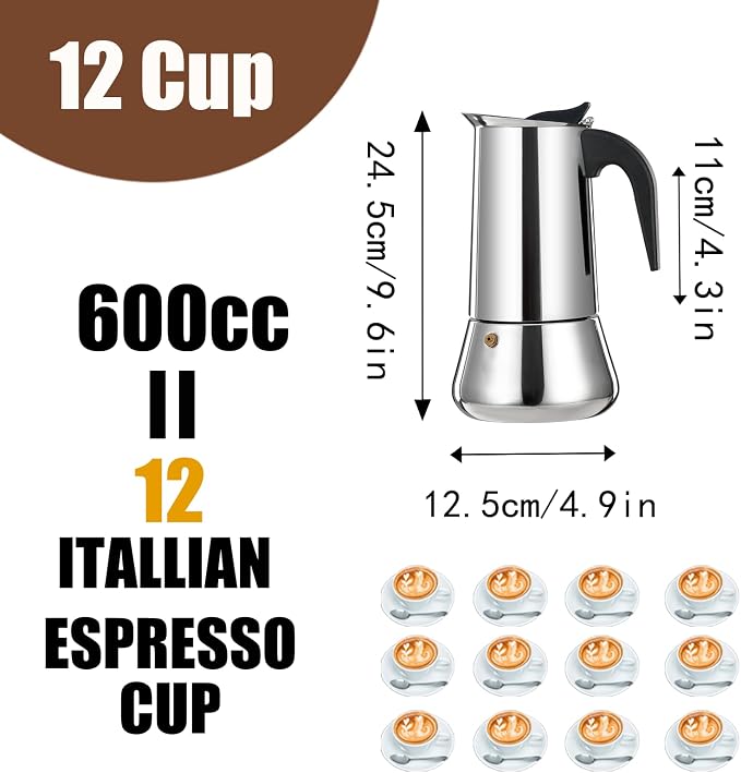 12 Cup Stovetop Espresso Maker Stainless Steel Moka Pot Stove Top Percolator Italian Coffee Makers Capable Mocha Greca Machine Cafe Classic Induction Cookers for Home and Camping 600ml 20oz - Image 3