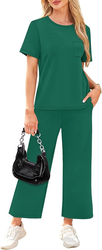 WIHOLL 2 Piece Sets for Women Casual Summer Travel Vacation Outfits Short Sleeve Wide Leg Crop Pants Lounge Sets - Image 4