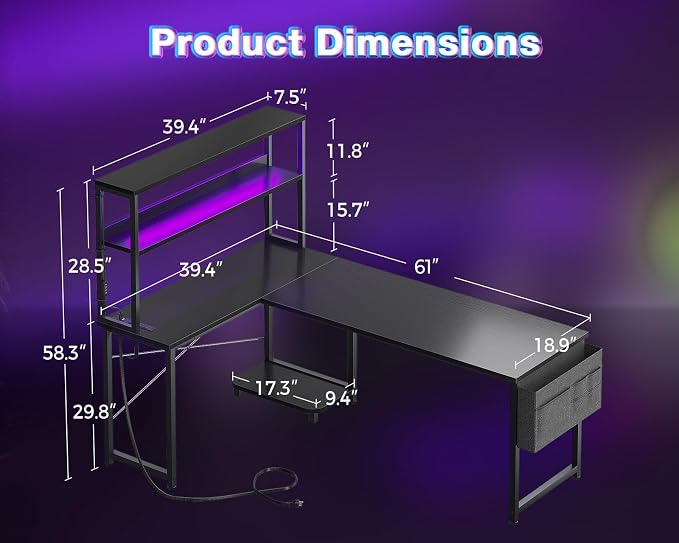 AODK L Shaped Desk Gaming Desk with LED Light & Power Outlet | 61 Inch Black Reversible L Shaped Computer Table with Shelf & Storage Bag & Hook for Home Office - Image 3