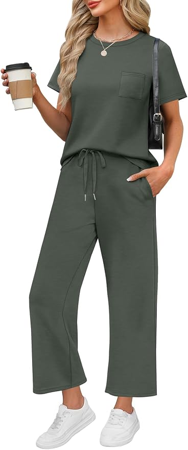 WIHOLL 2 Piece Sets for Women Casual Summer Travel Vacation Outfits Short Sleeve Wide Leg Crop Pants Lounge Sets by WIHOLL