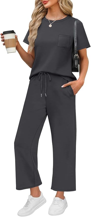 WIHOLL 2 Piece Sets for Women Casual Summer Travel Vacation Outfits Short Sleeve Wide Leg Crop Pants Lounge Sets by WIHOLL