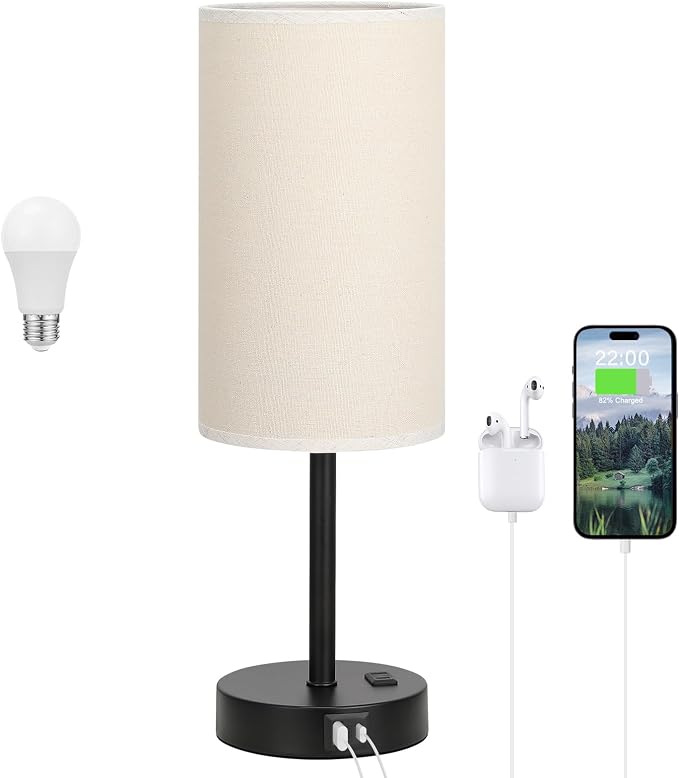 Dicoool 17.4" Bedside Lamp for Bedroom - Dimmable Touch, USB A+C, AC Outlet | LED Bulb Included, 3-Way Dimmable, 17.4" Table Lamp for Living Room, Dorm, Beige Fabric Lampshade, Black Metal Base by DicooolDirect